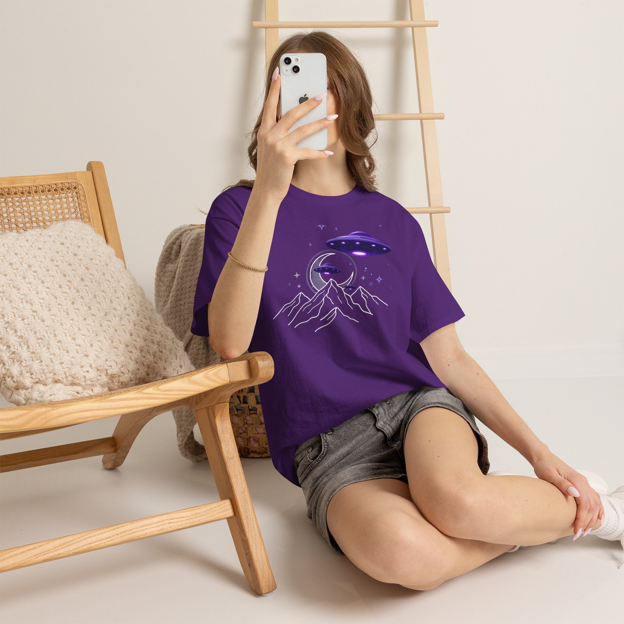 Purple UFO Alien Night Mountain T-Shirt — UFO Crescent Moon Graphic Tee
