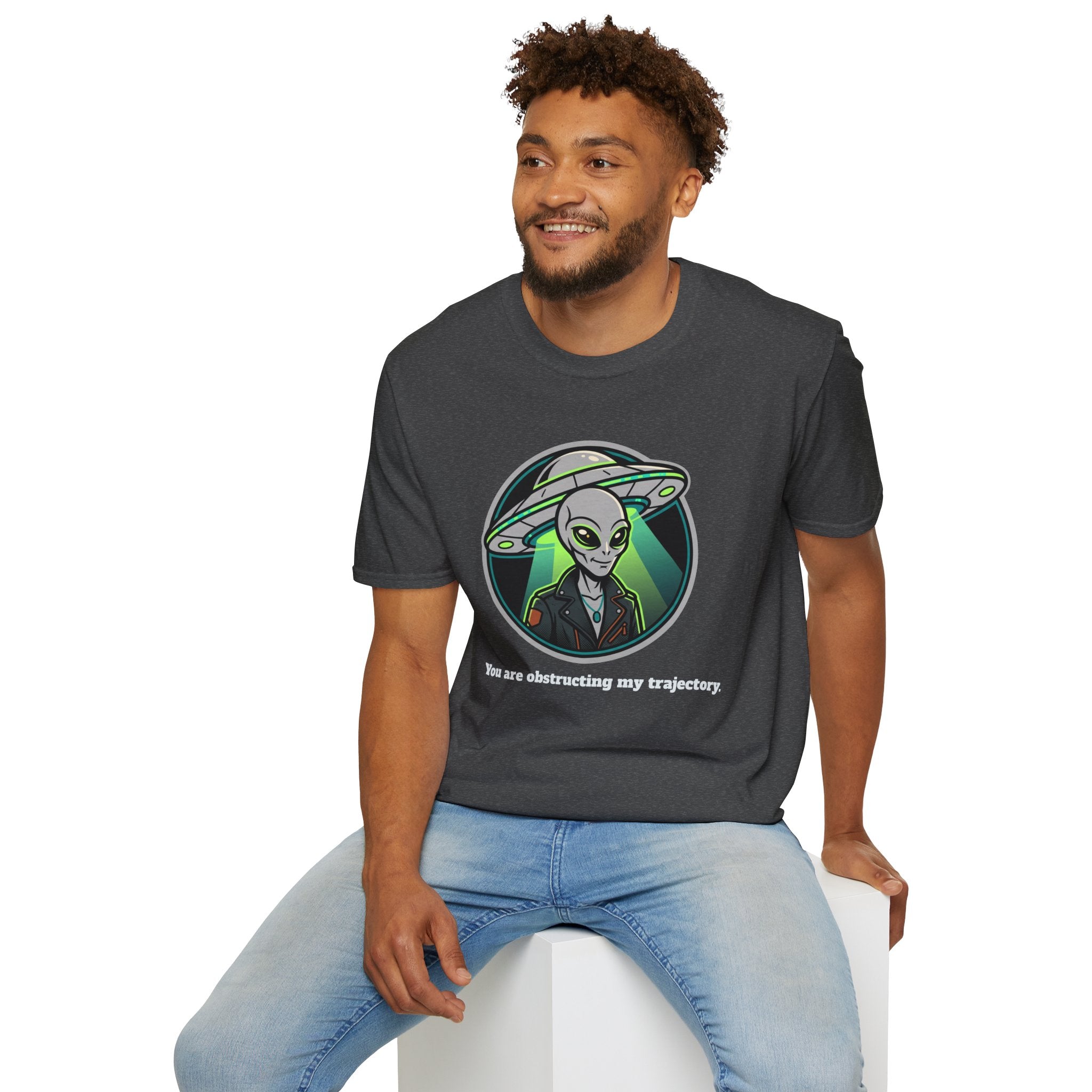 Alien UFO Graphic T-Shirt "You are blocking my trajectory" — Retro Green Extraterrestrial Design