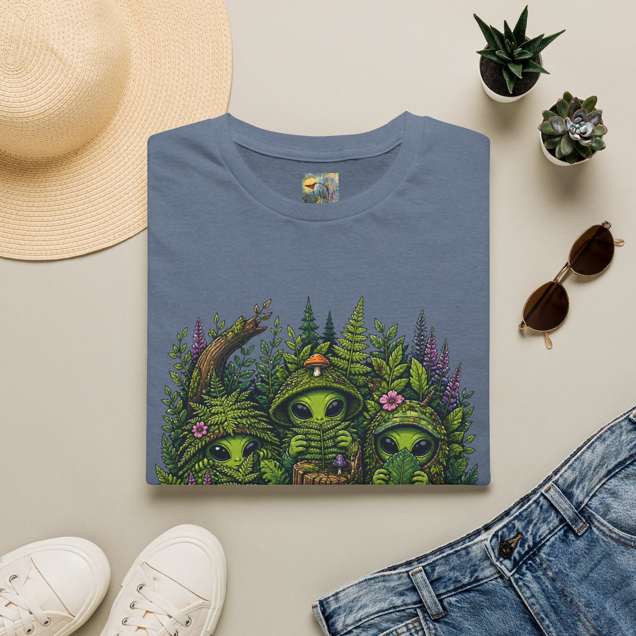Alien Forest T-Shirt — Cute Green UFO Creatures with Mushrooms & Flowers