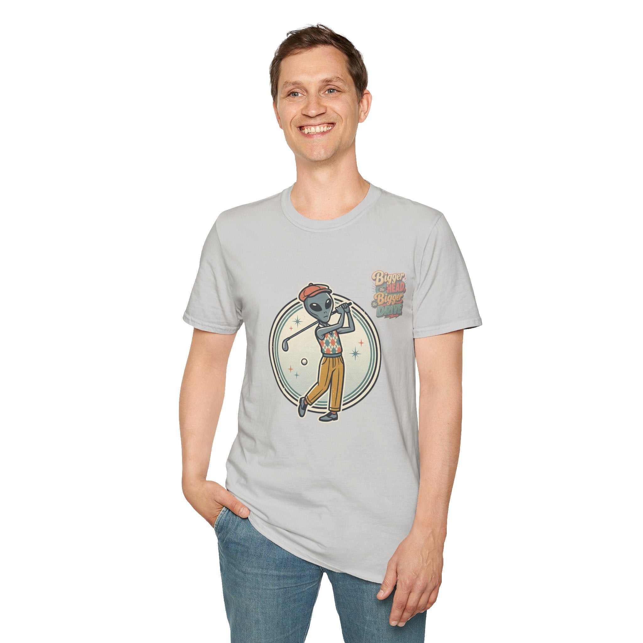 Alien Golfer T‑Shirt : The Bigger the Head, The Bigger the Drive"— Vintage Space Golf Graphic Tee