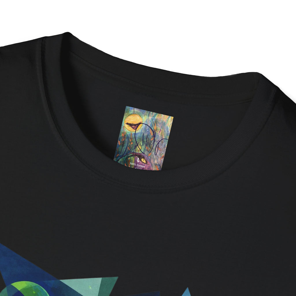 Blue & Green Cubism UFO Galaxy Geometry T‑Shirt — Neon Abstract Space Art