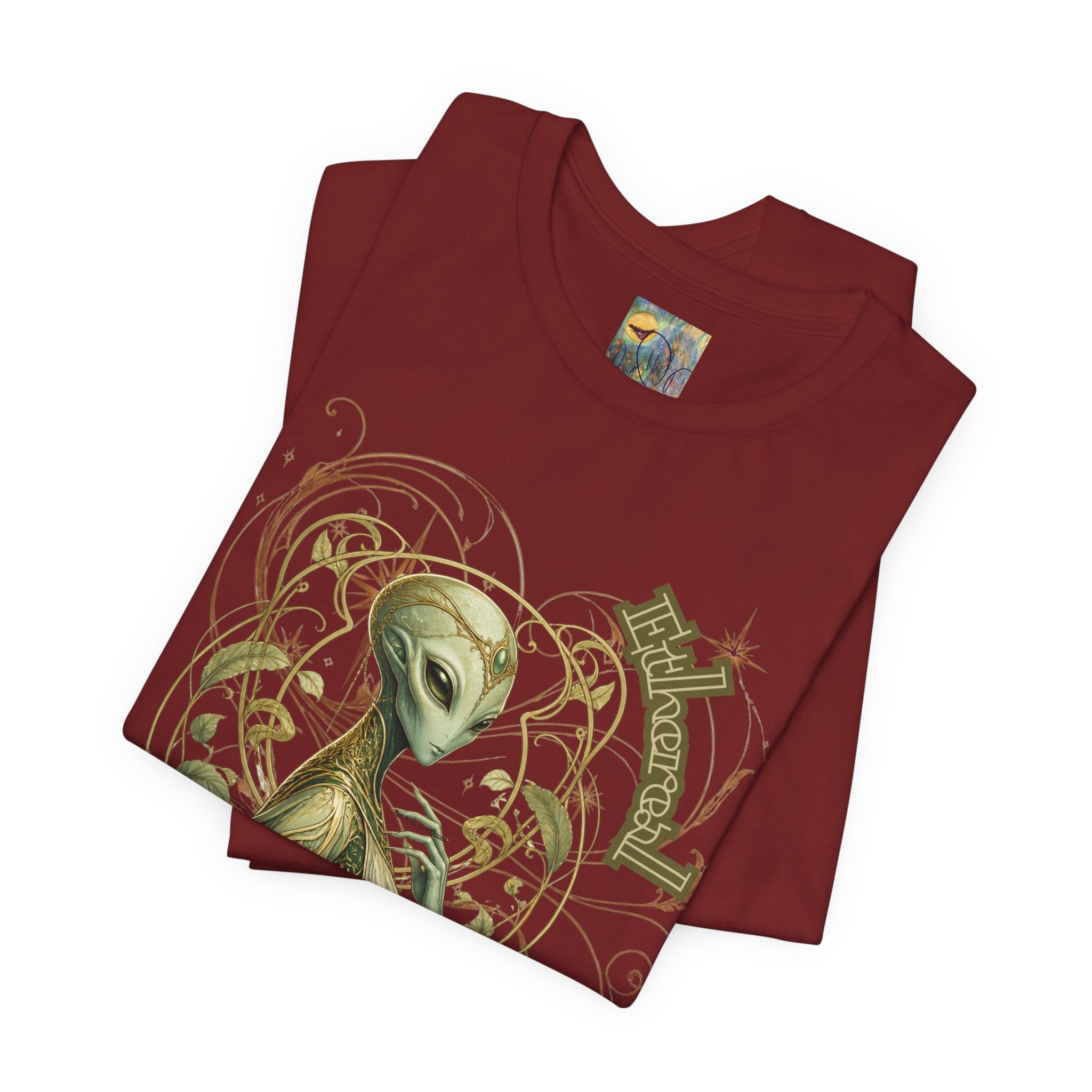 Alien Art Noveau Embrace T-Shirt — Mystical Green Alien Graphic Tee for Sci‑Fi Fans