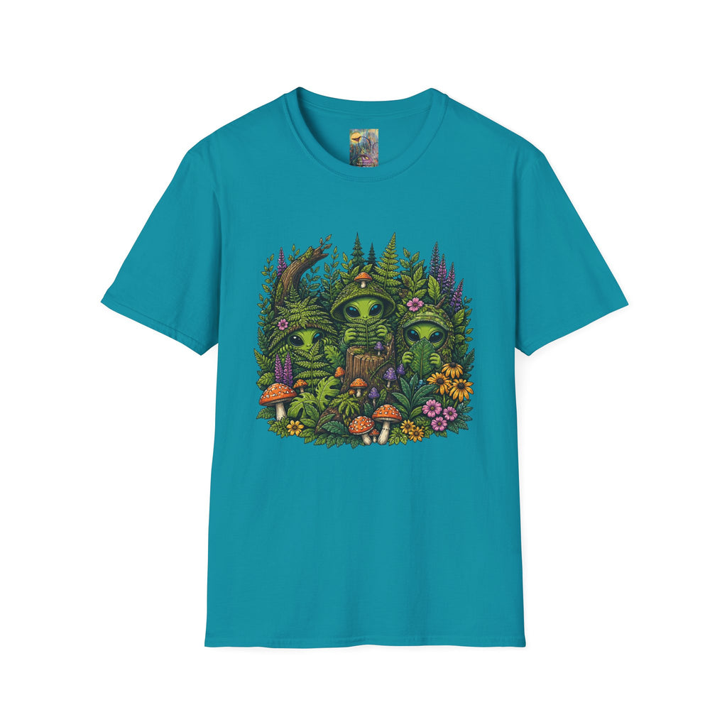 Alien Forest T-Shirt — Cute Green UFO Creatures with Mushrooms & Flowers
