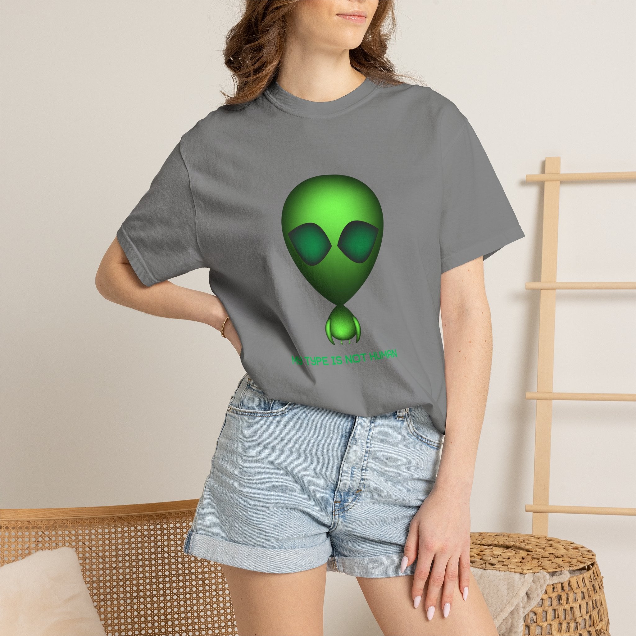 Green Alien T-Shirt — "My Type Is Not Human" Graphic Tee