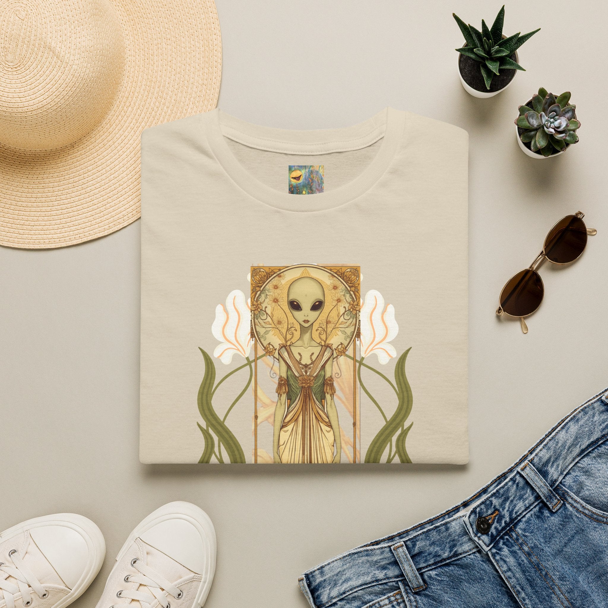 Alien Art Nouveau T-Shirt — 'Otherworldly Muse' Vintage-Style Extraterrestrial Tee