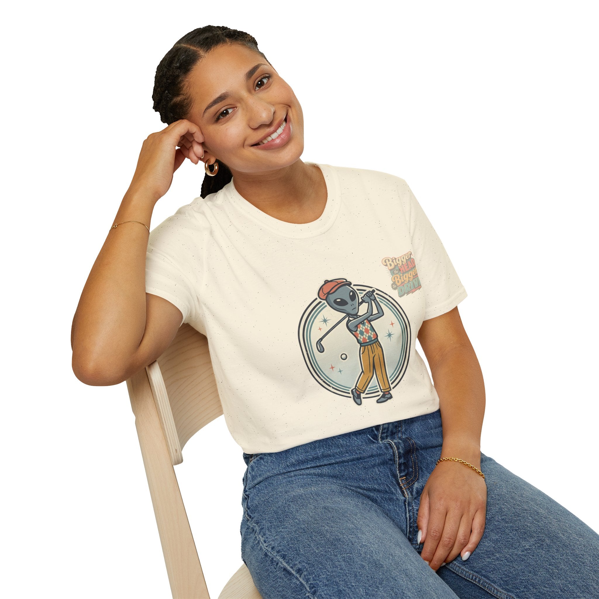 Alien Golfer T‑Shirt : The Bigger the Head, The Bigger the Drive"— Vintage Space Golf Graphic Tee