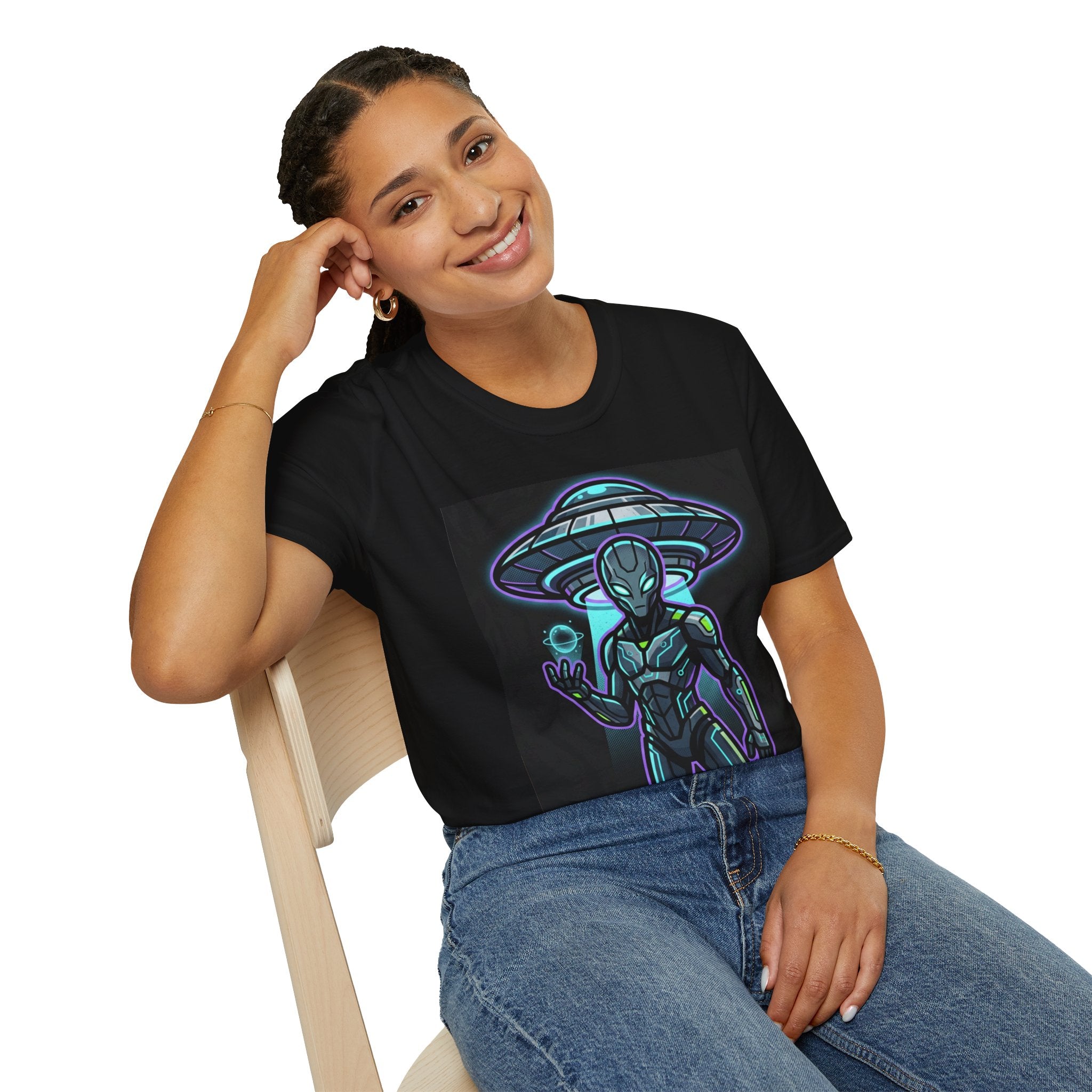 Alien UFO Graphic Tee — Neon Extraterrestrial Design ("Eat Plasma, Dirt Bag")