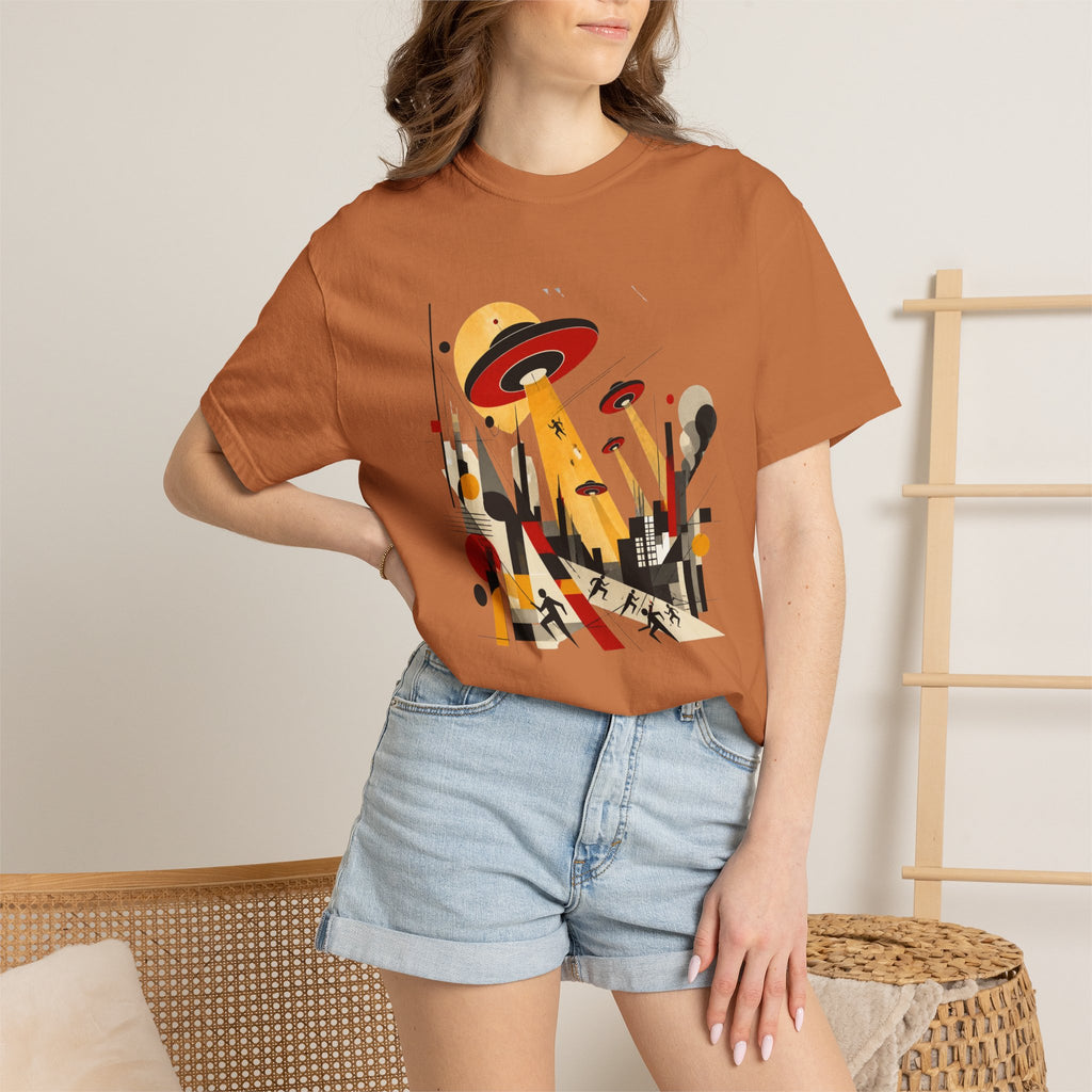 Alien Invasion Bauhaus Graphic T-Shirt — Retro Sci‑Fi Cityscape Design