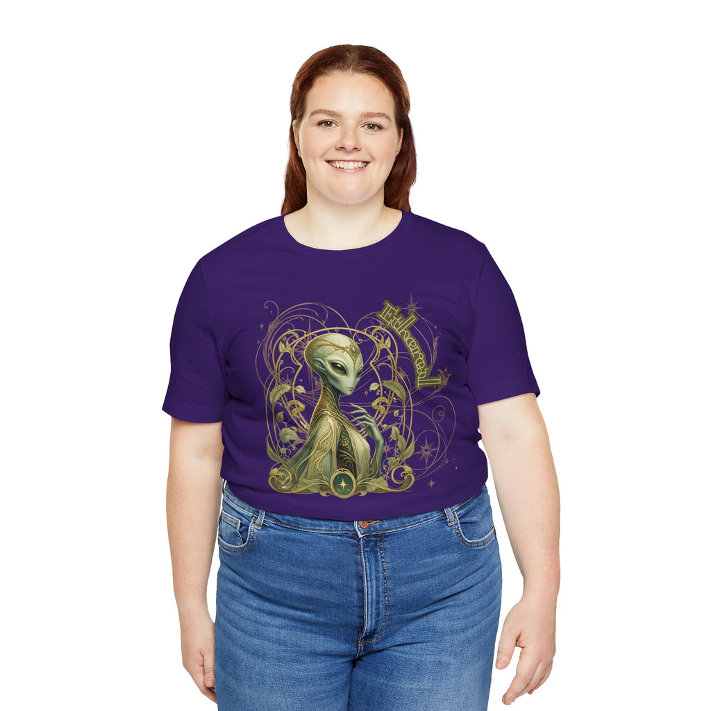 Alien Art Noveau Embrace T-Shirt — Mystical Green Alien Graphic Tee for Sci‑Fi Fans