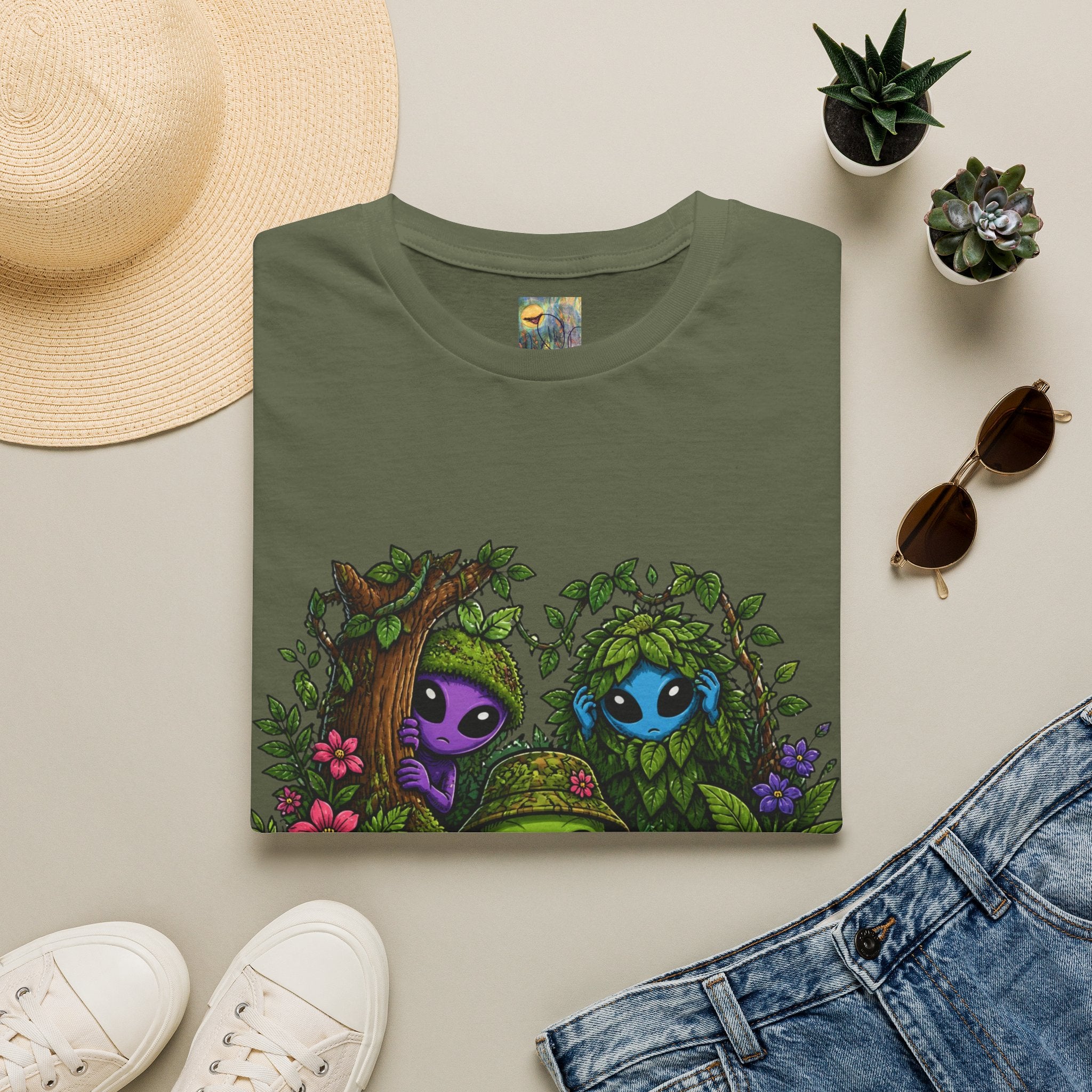 "Experts in Camouflage" Alien Friends T-Shirt — Cute Forest ETs Peeking Through Leaves