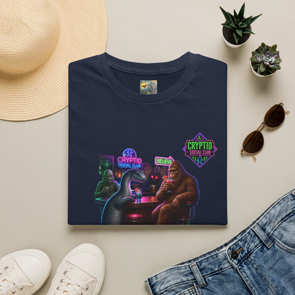 Cryptid Social Club T-Shirt — Neon Bigfoot, Loch Ness & Alien Design