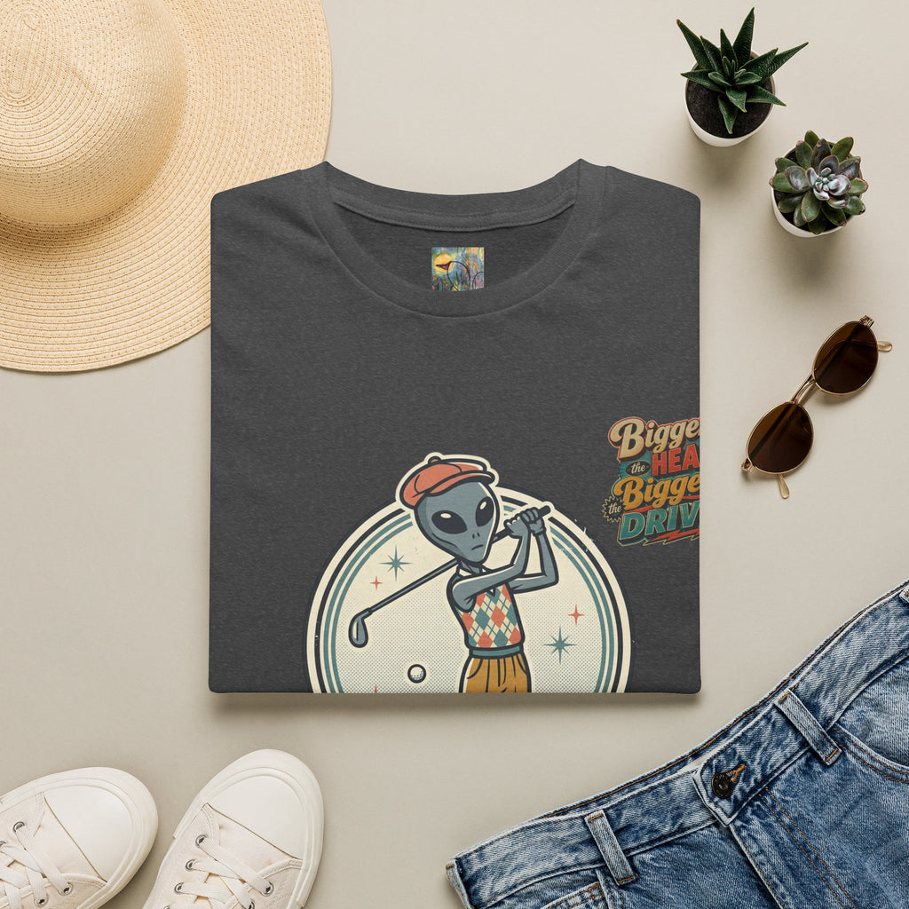 Alien Golfer T‑Shirt : The Bigger the Head, The Bigger the Drive"— Vintage Space Golf Graphic Tee