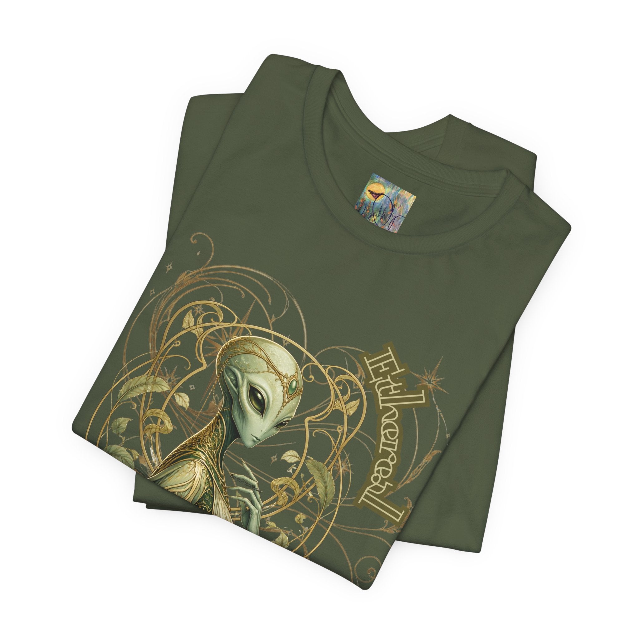 Alien Art Noveau Embrace T-Shirt — Mystical Green Alien Graphic Tee for Sci‑Fi Fans