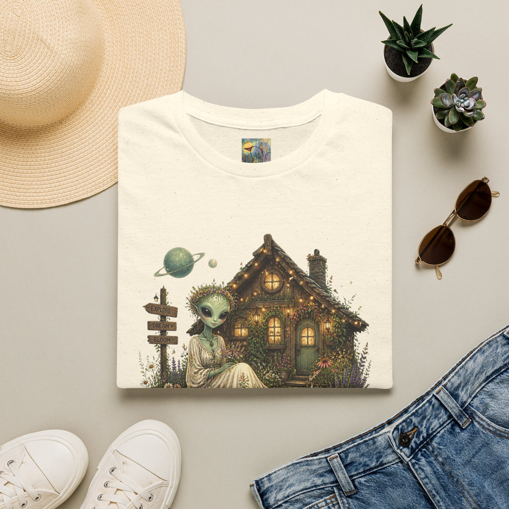 Alien Cottage T-Shirt — Whimsical Extraterrestrial Home Graphic