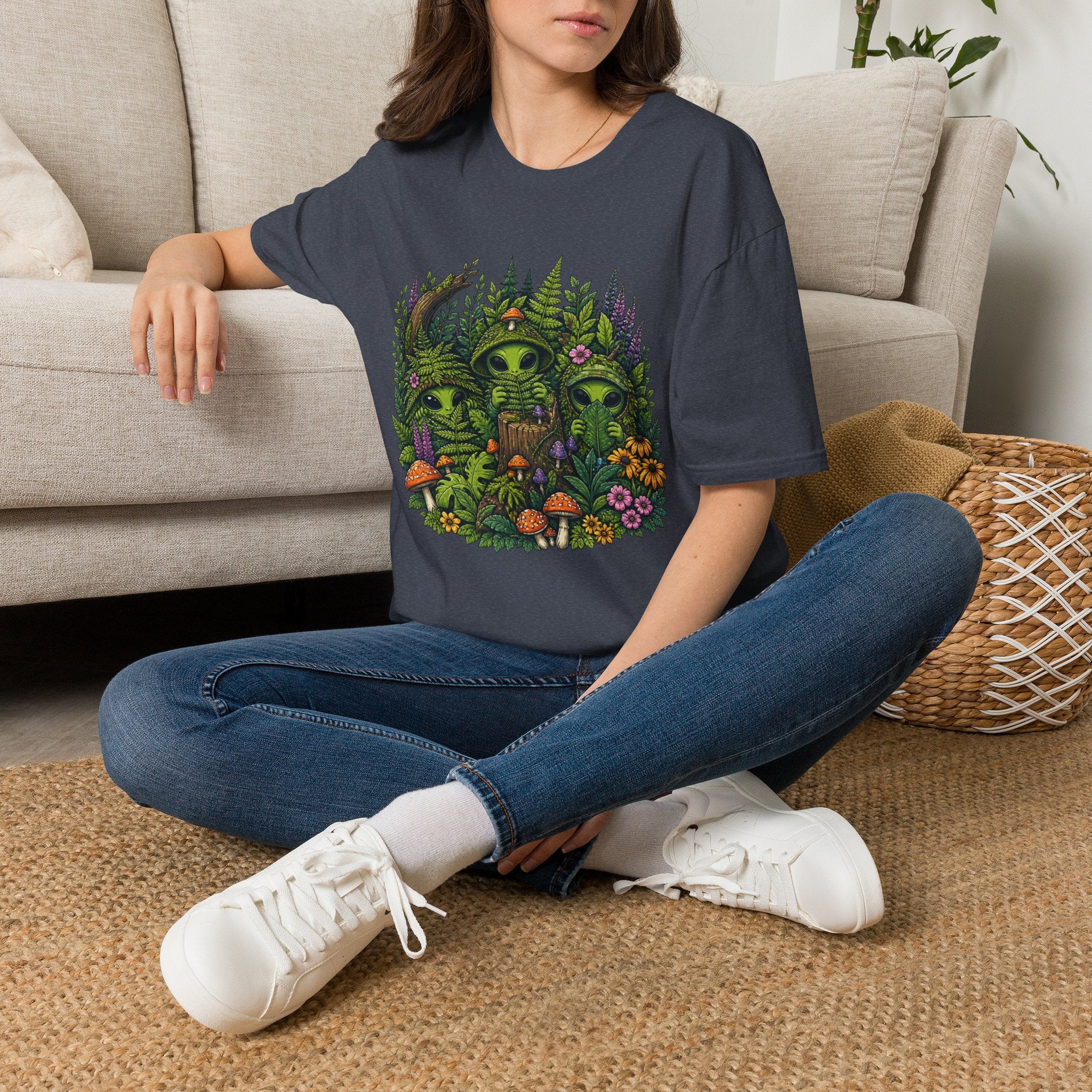 Alien Forest T-Shirt — Cute Green UFO Creatures with Mushrooms & Flowers