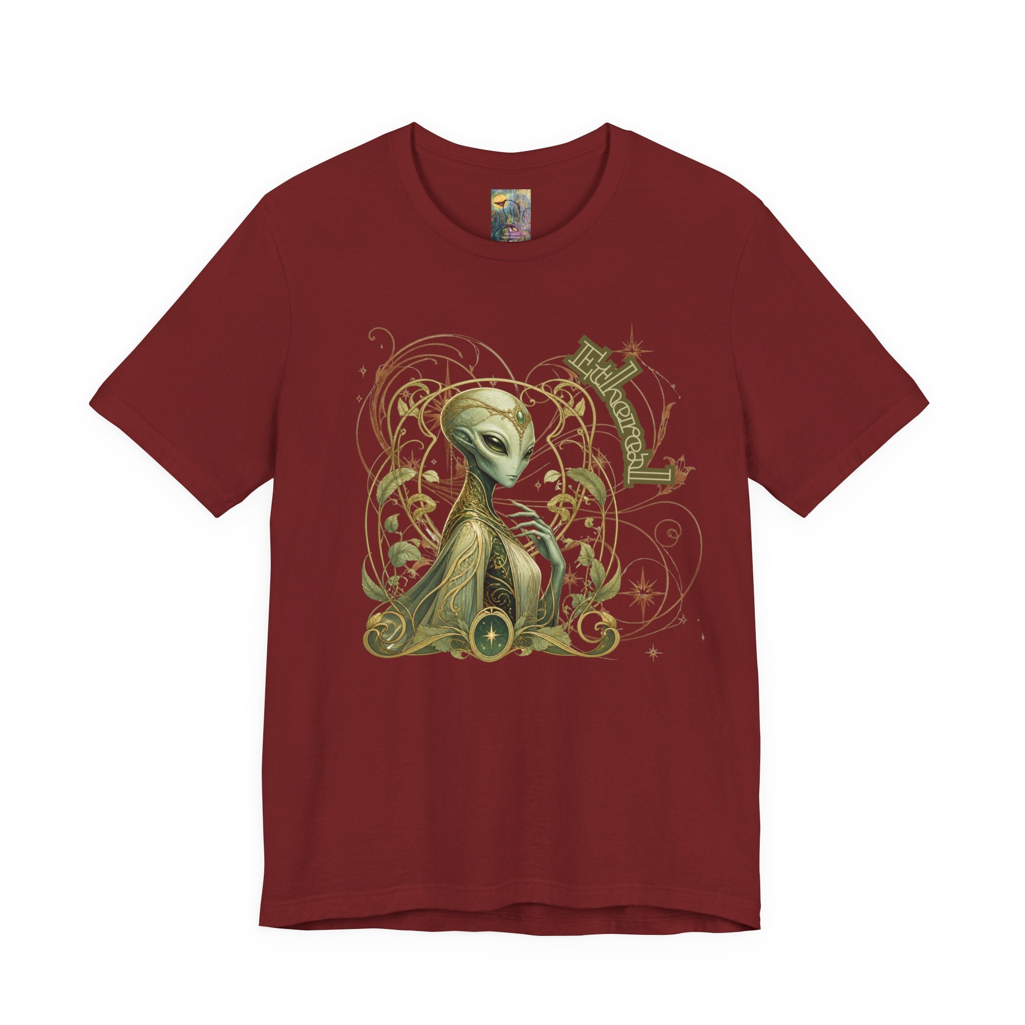 Alien Art Noveau Embrace T-Shirt — Mystical Green Alien Graphic Tee for Sci‑Fi Fans