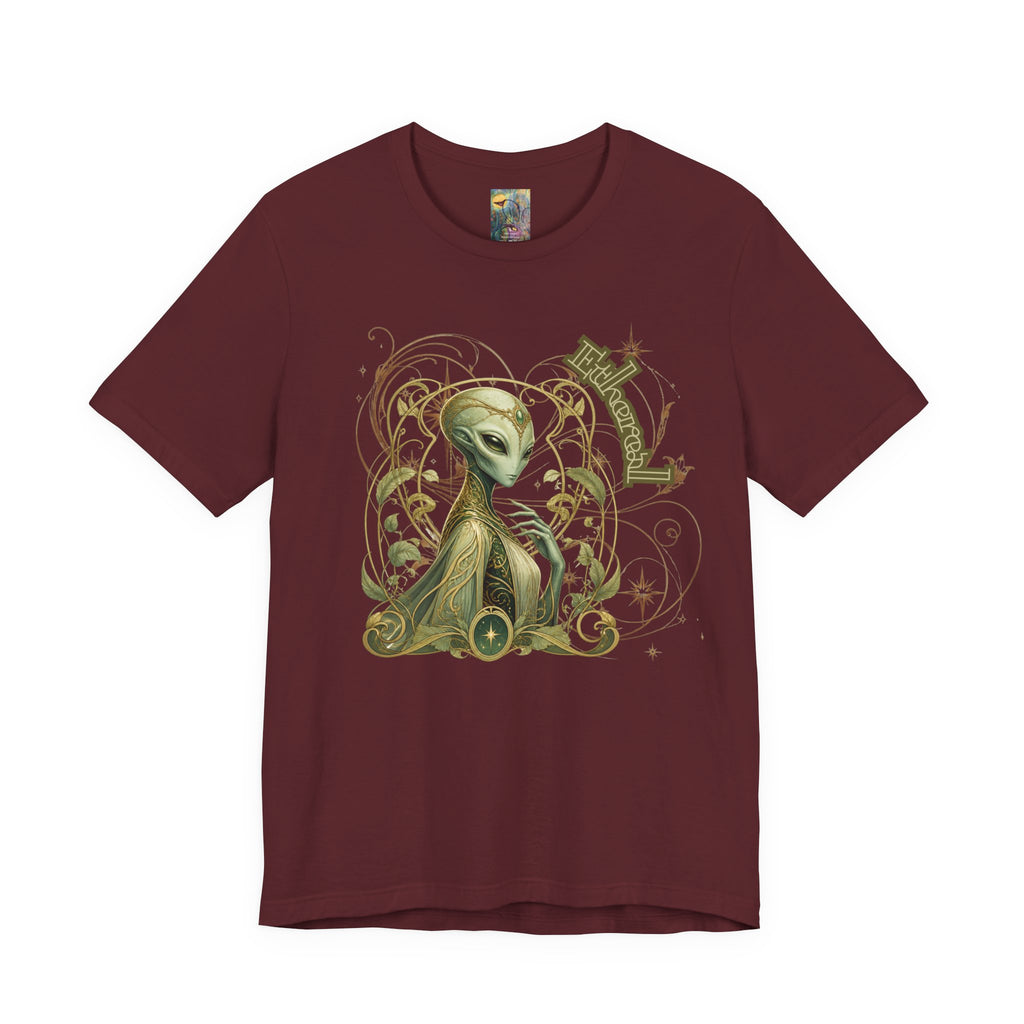 Alien Art Noveau Embrace T-Shirt — Mystical Green Alien Graphic Tee for Sci‑Fi Fans