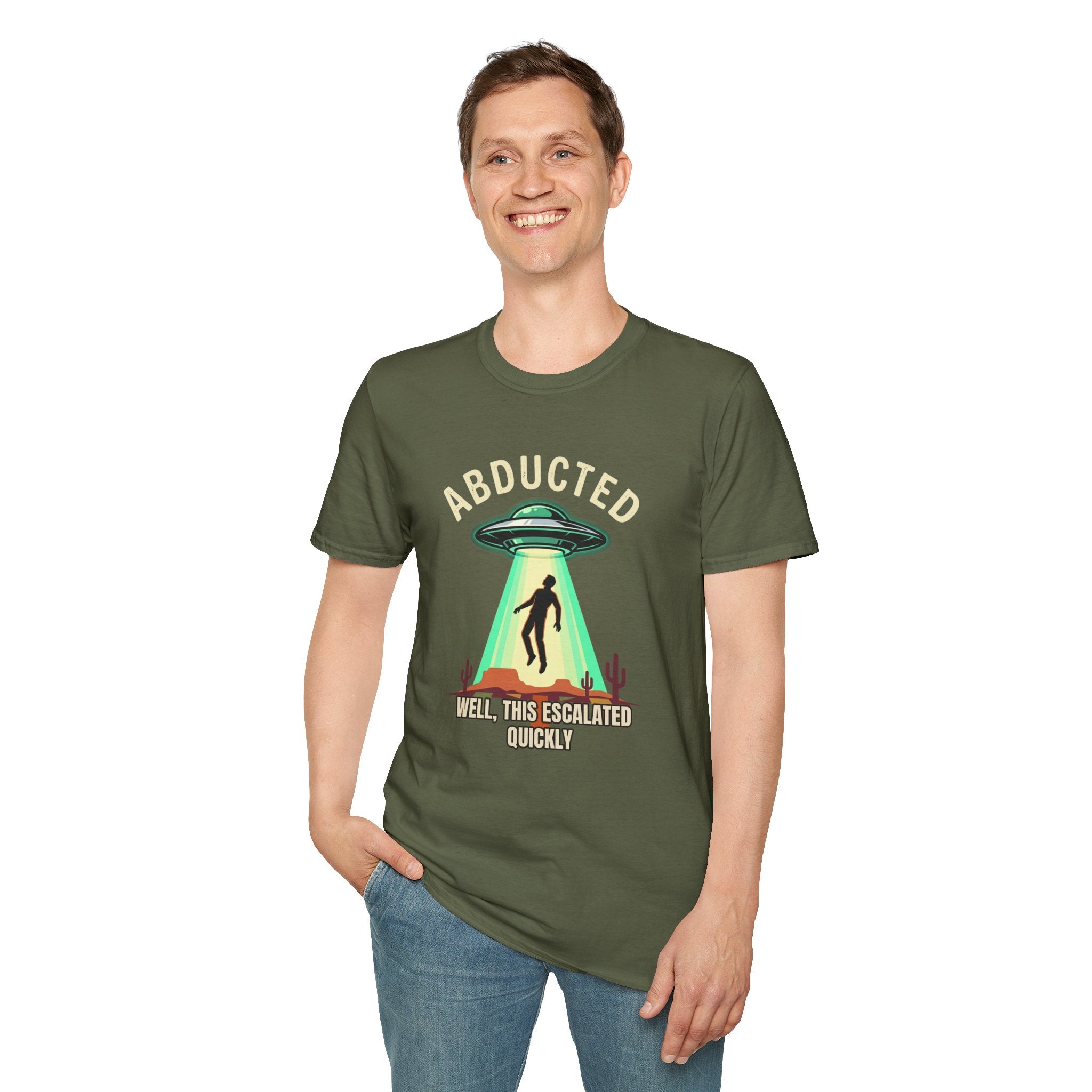 "Well That Escalated Quickly" Abducted UFO Tee — Retro Alien Abduction Graphic T-Shirt