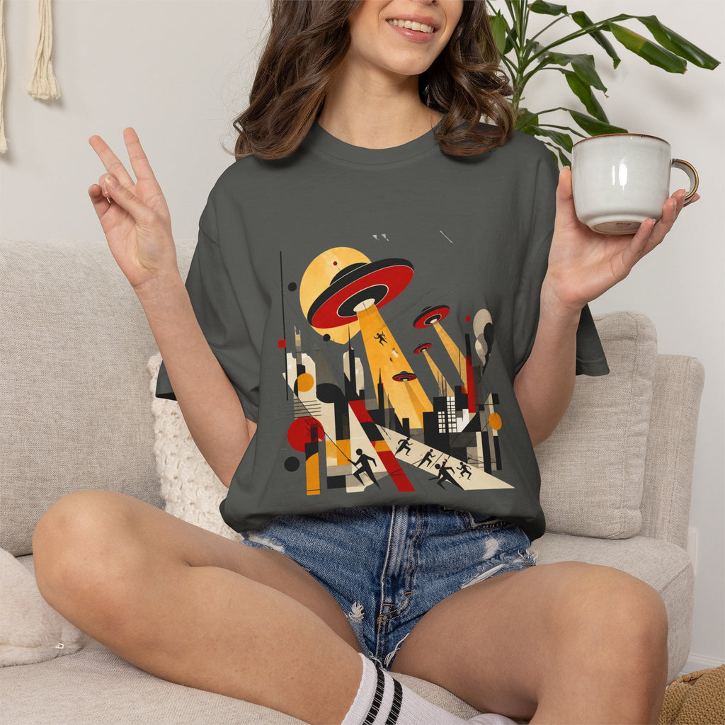Alien Invasion Bauhaus Graphic T-Shirt — Retro Sci‑Fi Cityscape Design