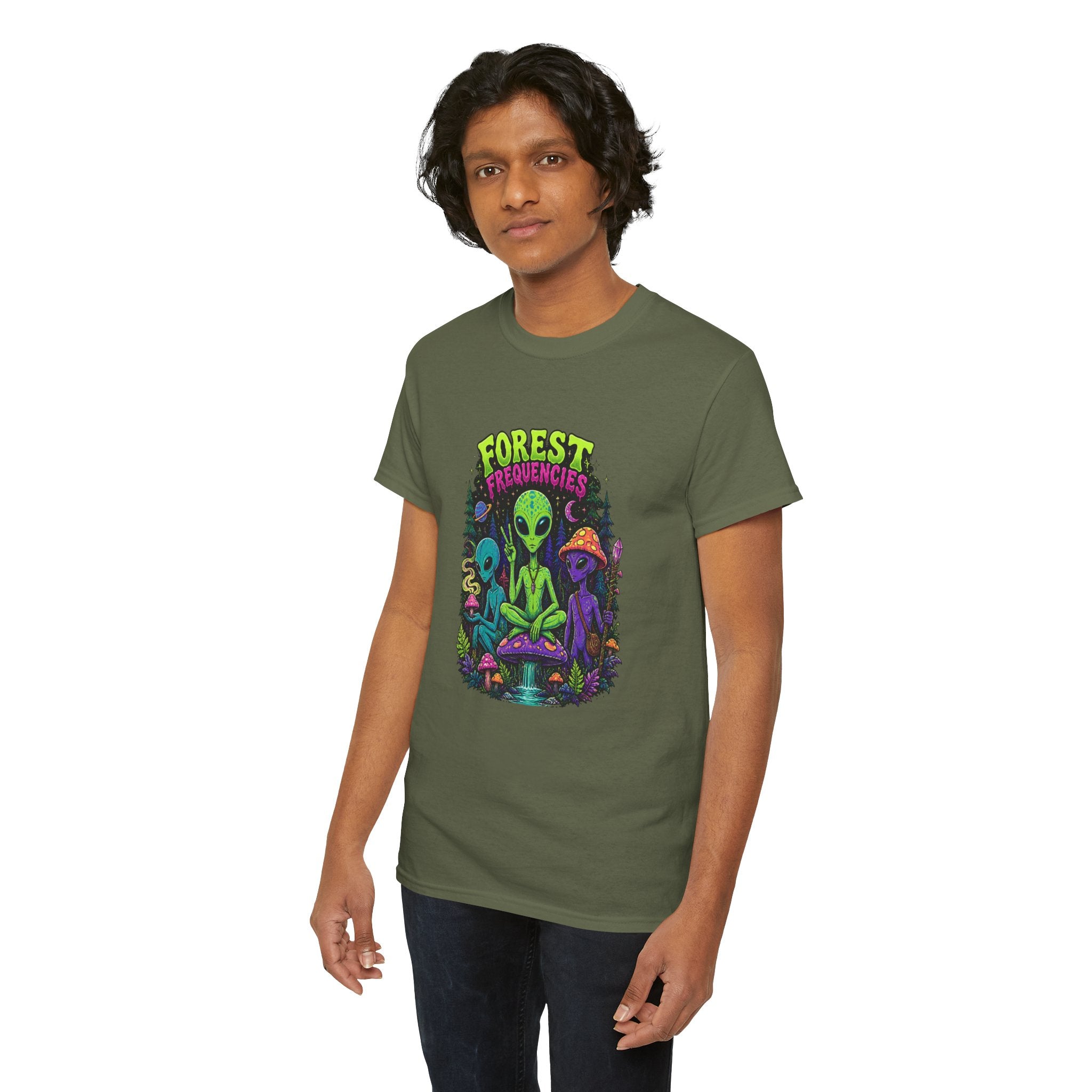 Forest Frequencies Alien T-Shirt — Psychedelic Mushroom Meditation Tee