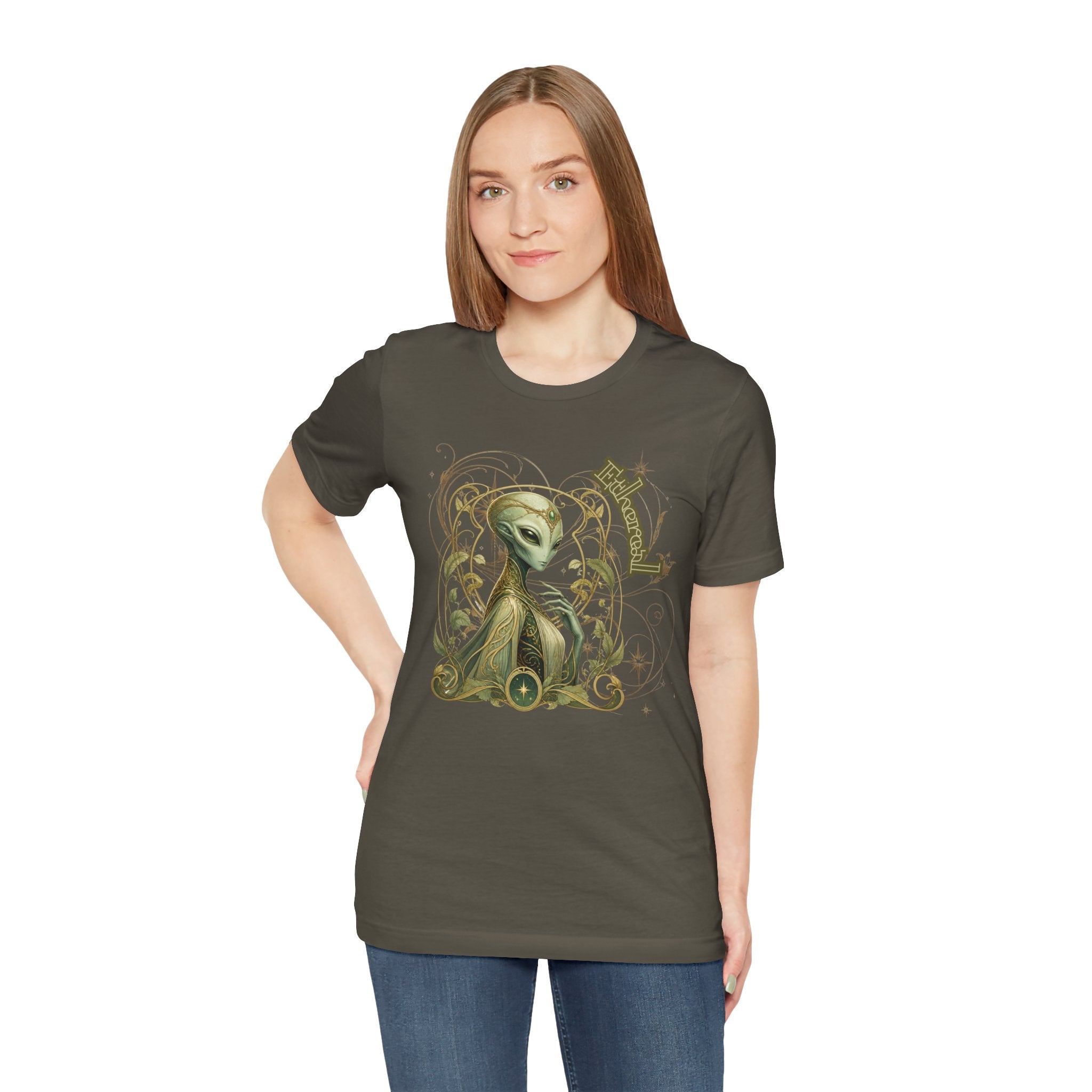 Alien Art Noveau Embrace T-Shirt — Mystical Green Alien Graphic Tee for Sci‑Fi Fans