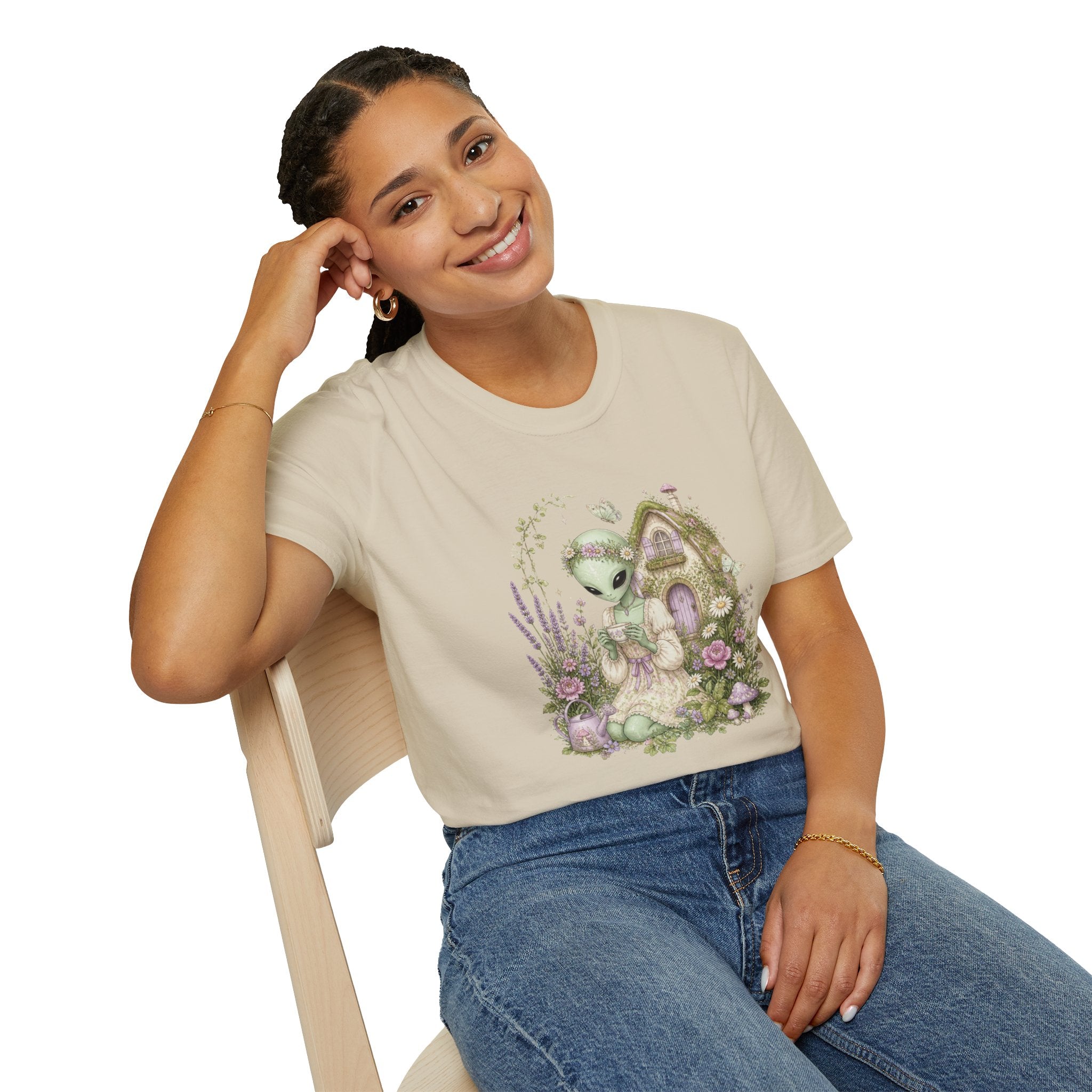 Alien Cottage Tee — Whimsical Floral Alien Garden T-Shirt