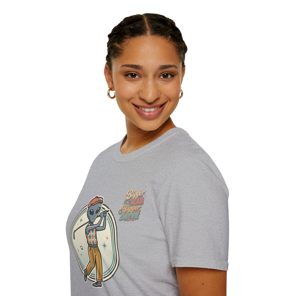 Alien Golfer T‑Shirt : The Bigger the Head, The Bigger the Drive"— Vintage Space Golf Graphic Tee