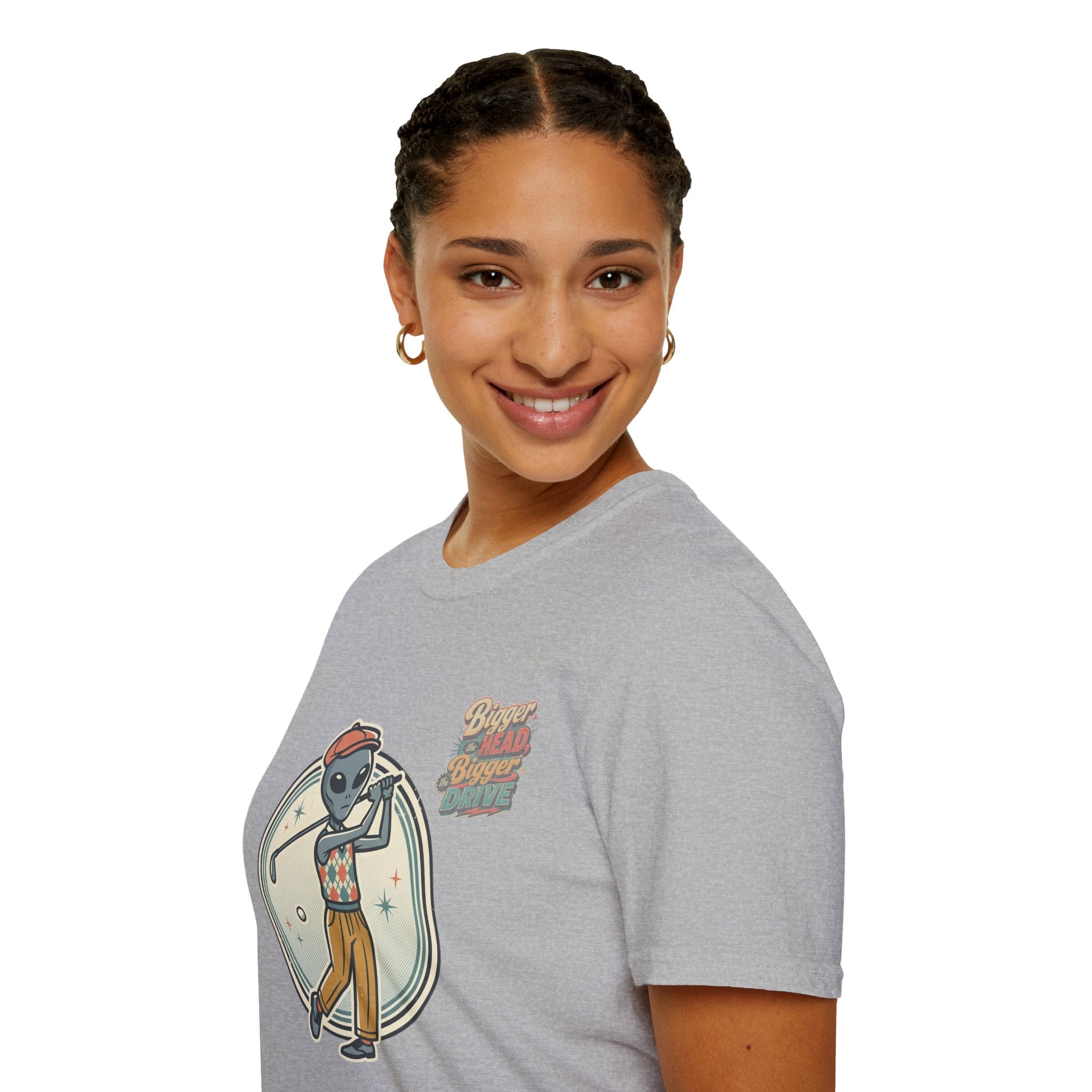 Alien Golfer T‑Shirt : The Bigger the Head, The Bigger the Drive"— Vintage Space Golf Graphic Tee