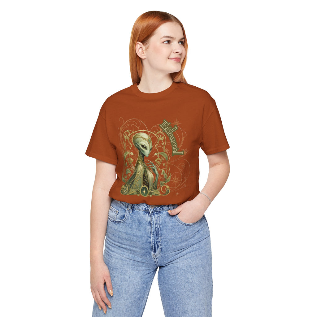 Alien Art Noveau Embrace T-Shirt — Mystical Green Alien Graphic Tee for Sci‑Fi Fans
