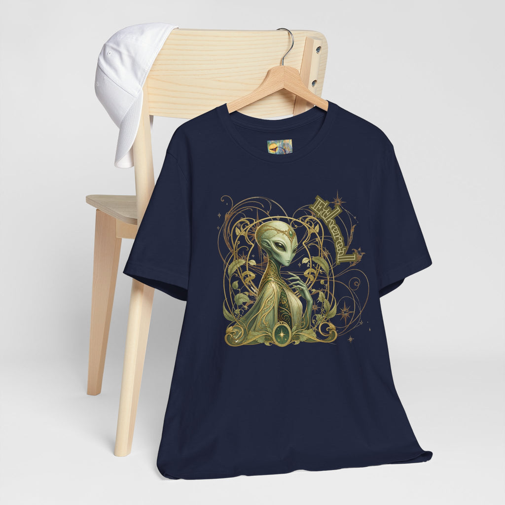 Alien Art Noveau Embrace T-Shirt — Mystical Green Alien Graphic Tee for Sci‑Fi Fans