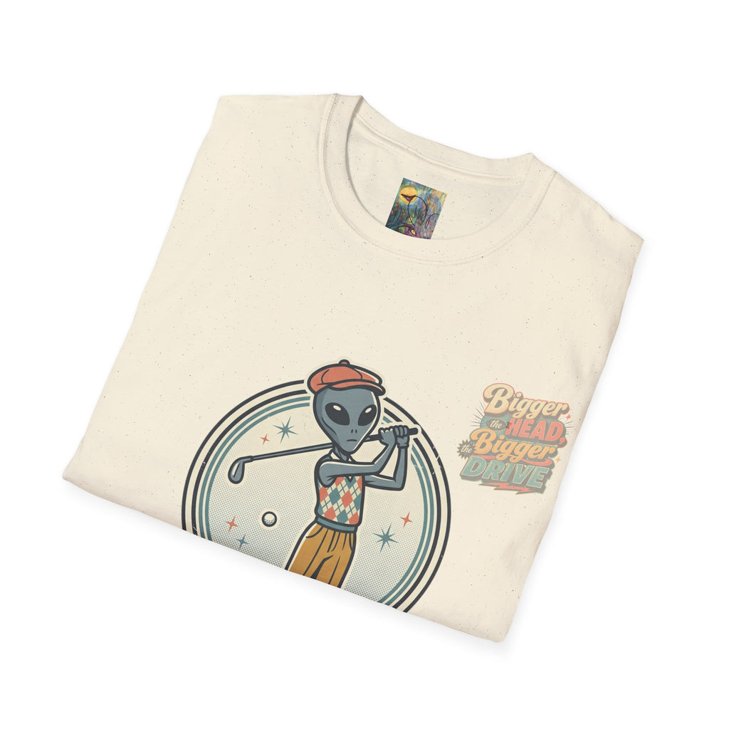 Alien Golfer T‑Shirt : The Bigger the Head, The Bigger the Drive"— Vintage Space Golf Graphic Tee