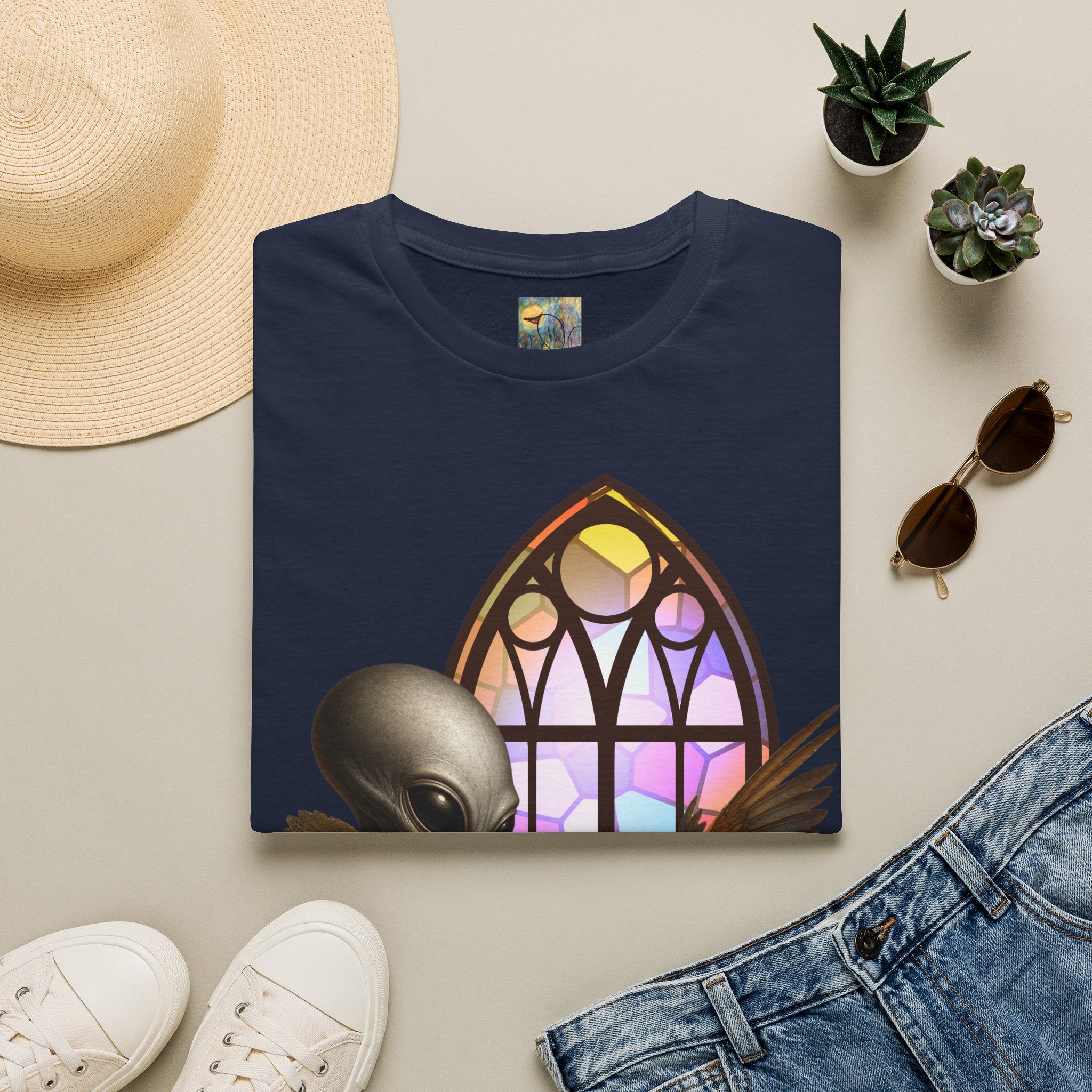 Alien Stained Glass T-Shirt — Gothic Church Window Sci‑Fi Tee