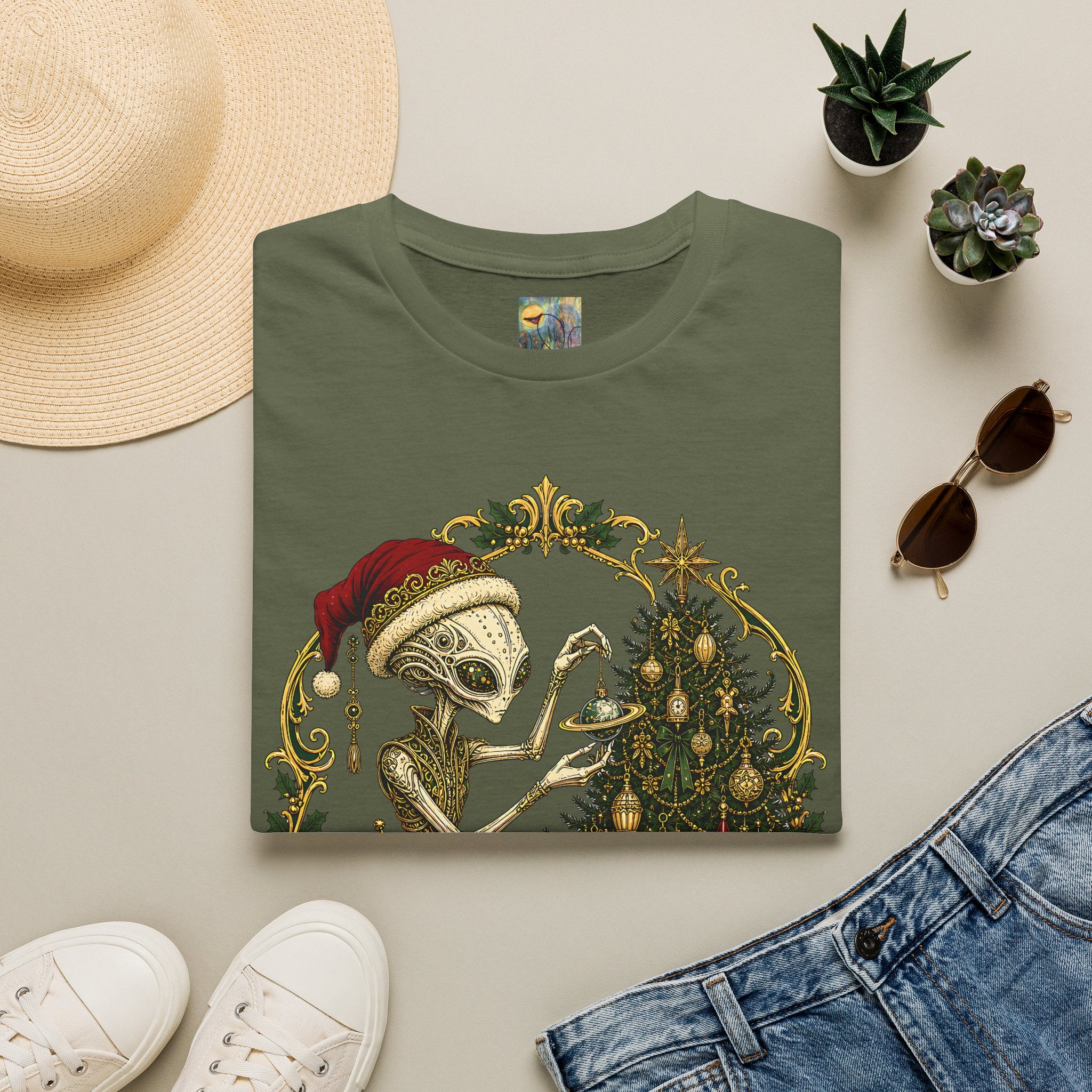 Victorian Christmas Alien Santa Tree T‑Shirt — Funny Retro Extraterrestrial Christmas Tee
