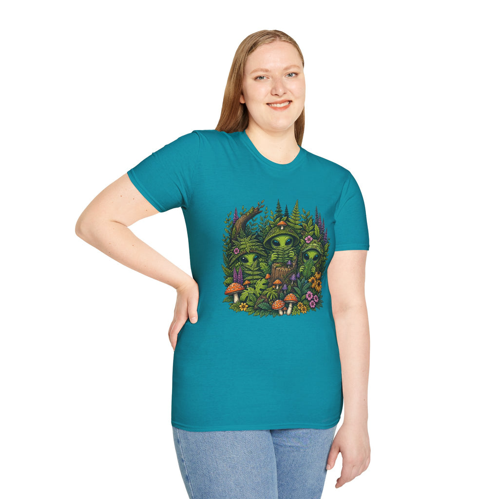 Alien Forest T-Shirt — Cute Green UFO Creatures with Mushrooms & Flowers