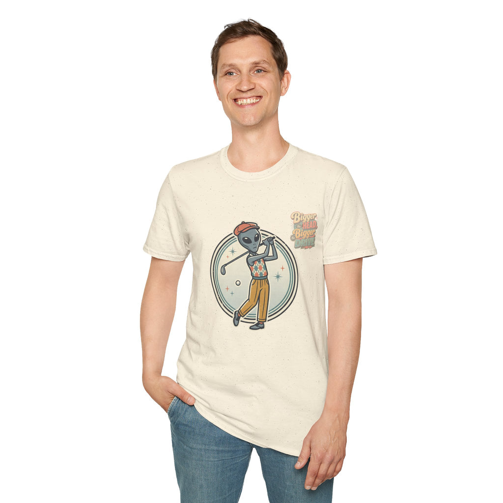 Alien Golfer T‑Shirt : The Bigger the Head, The Bigger the Drive"— Vintage Space Golf Graphic Tee