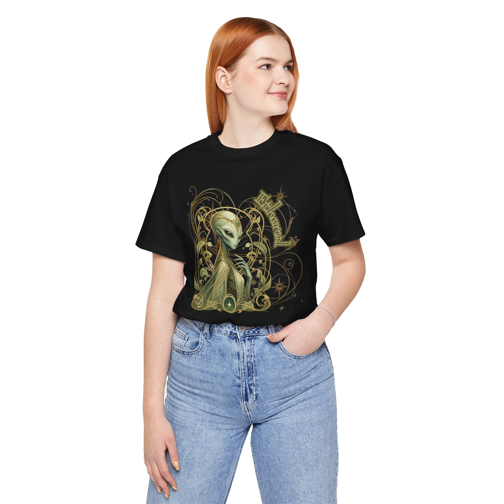 Alien Art Noveau Embrace T-Shirt — Mystical Green Alien Graphic Tee for Sci‑Fi Fans
