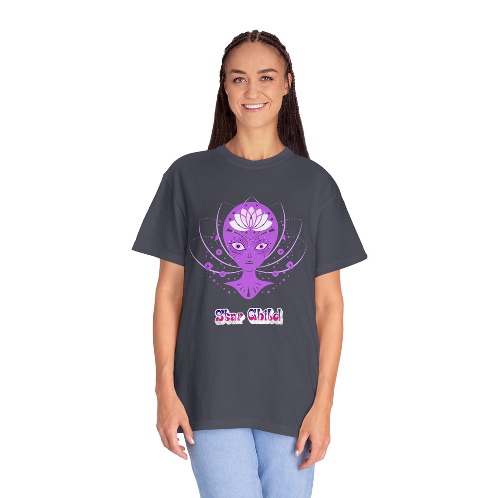 Star Child Alien T-Shirt — Purple Cosmic Alien Graphic Tee