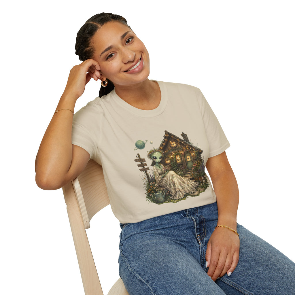 Alien Cottage T-Shirt — Whimsical Extraterrestrial Home Graphic