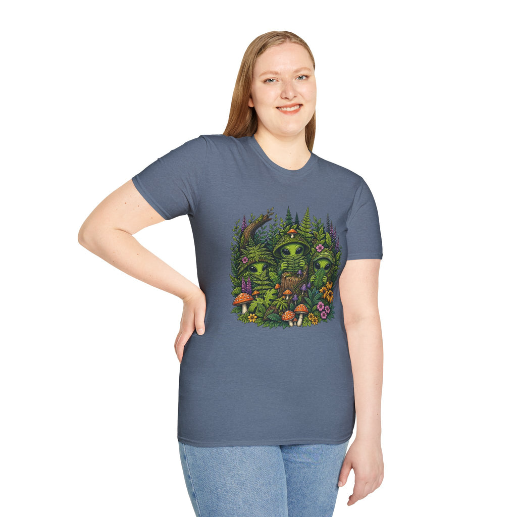 Alien Forest T-Shirt — Cute Green UFO Creatures with Mushrooms & Flowers