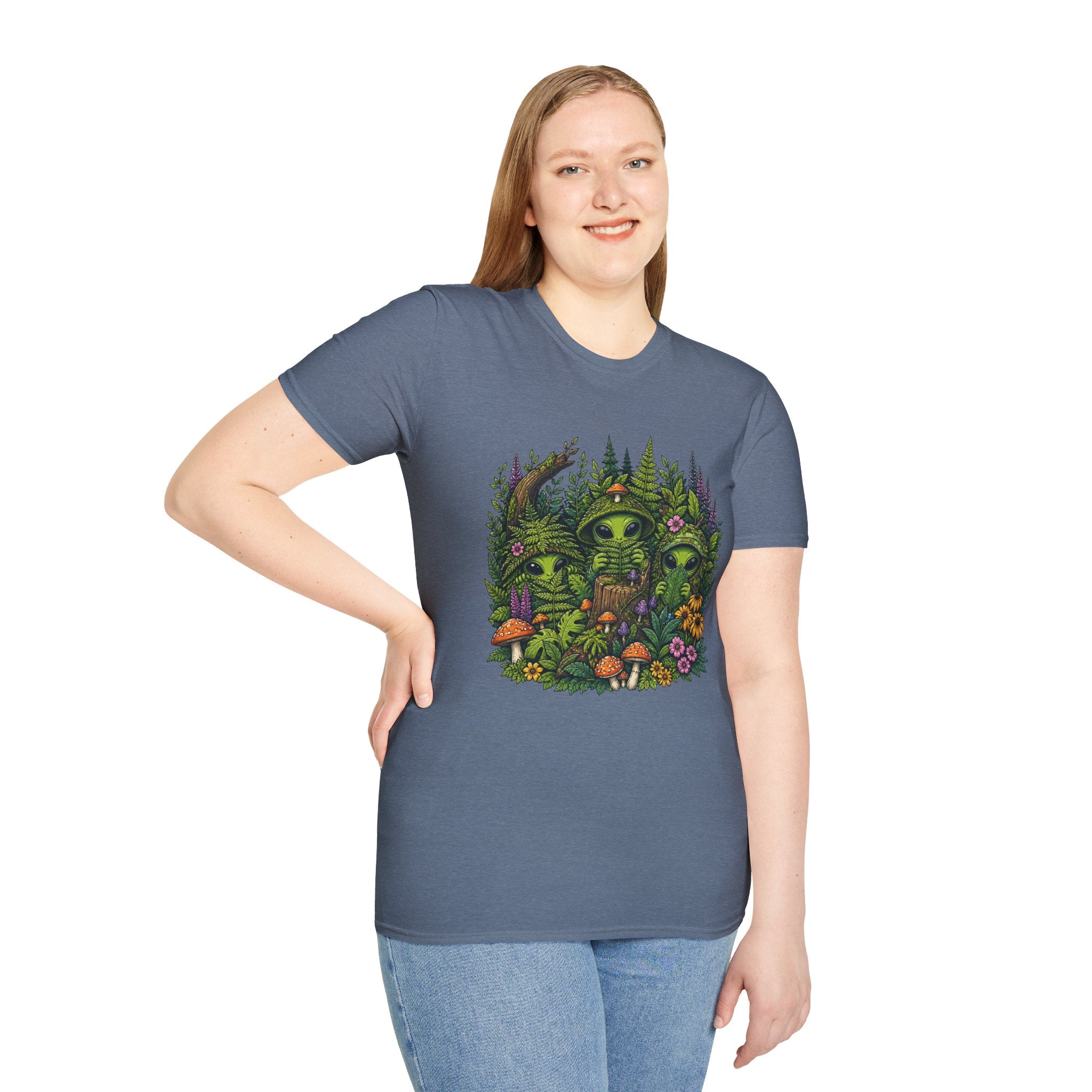 Alien Forest T-Shirt — Cute Green UFO Creatures with Mushrooms & Flowers