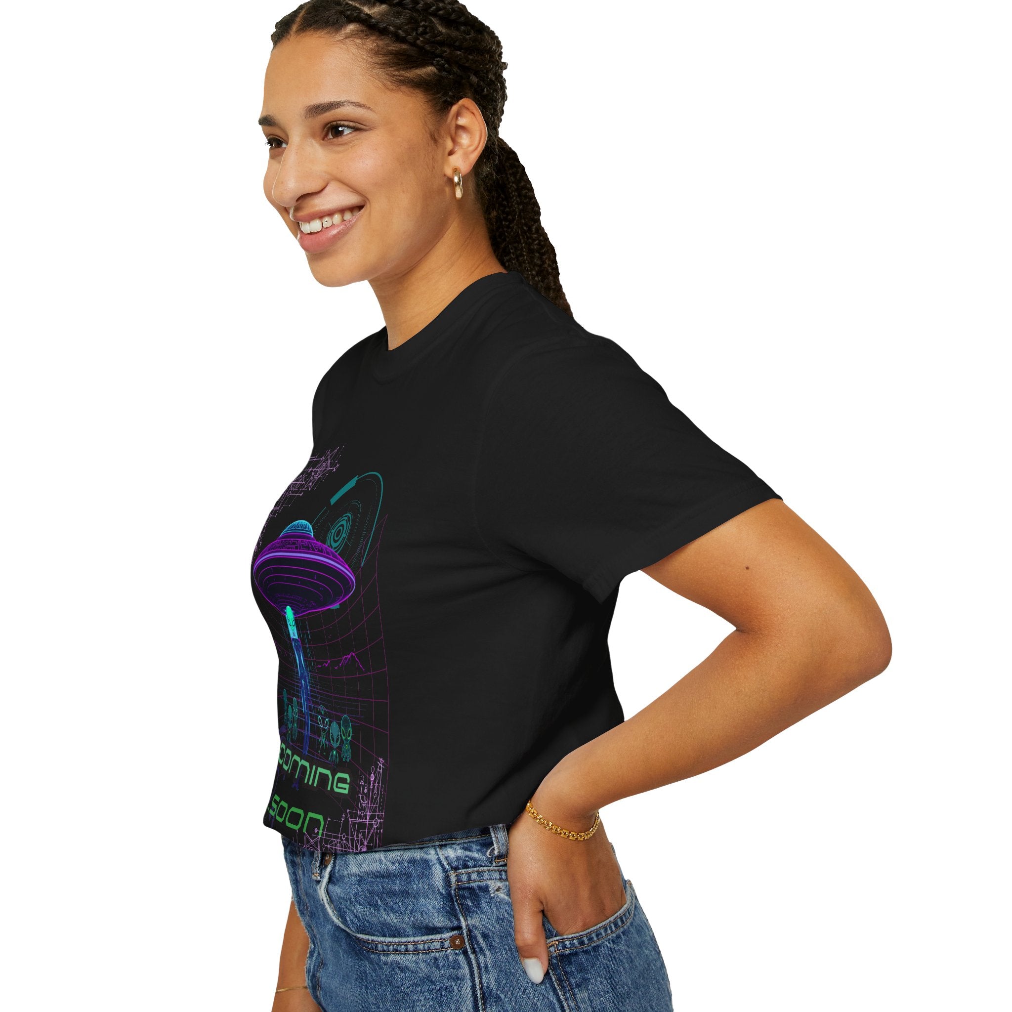 Coming Soon Alien UFO T-Shirt — Retro Neon Alien Abduction Tee