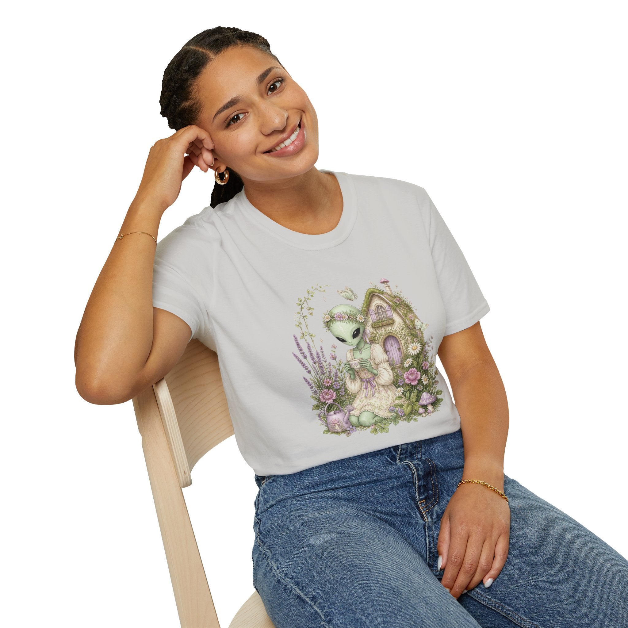 Alien Cottage Tee — Whimsical Floral Alien Garden T-Shirt