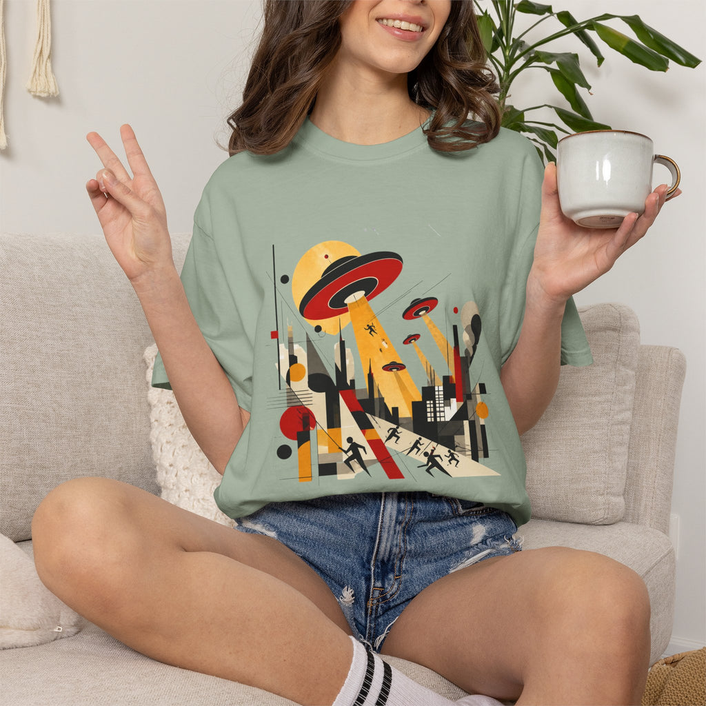 Alien Invasion Bauhaus Graphic T-Shirt — Retro Sci‑Fi Cityscape Design