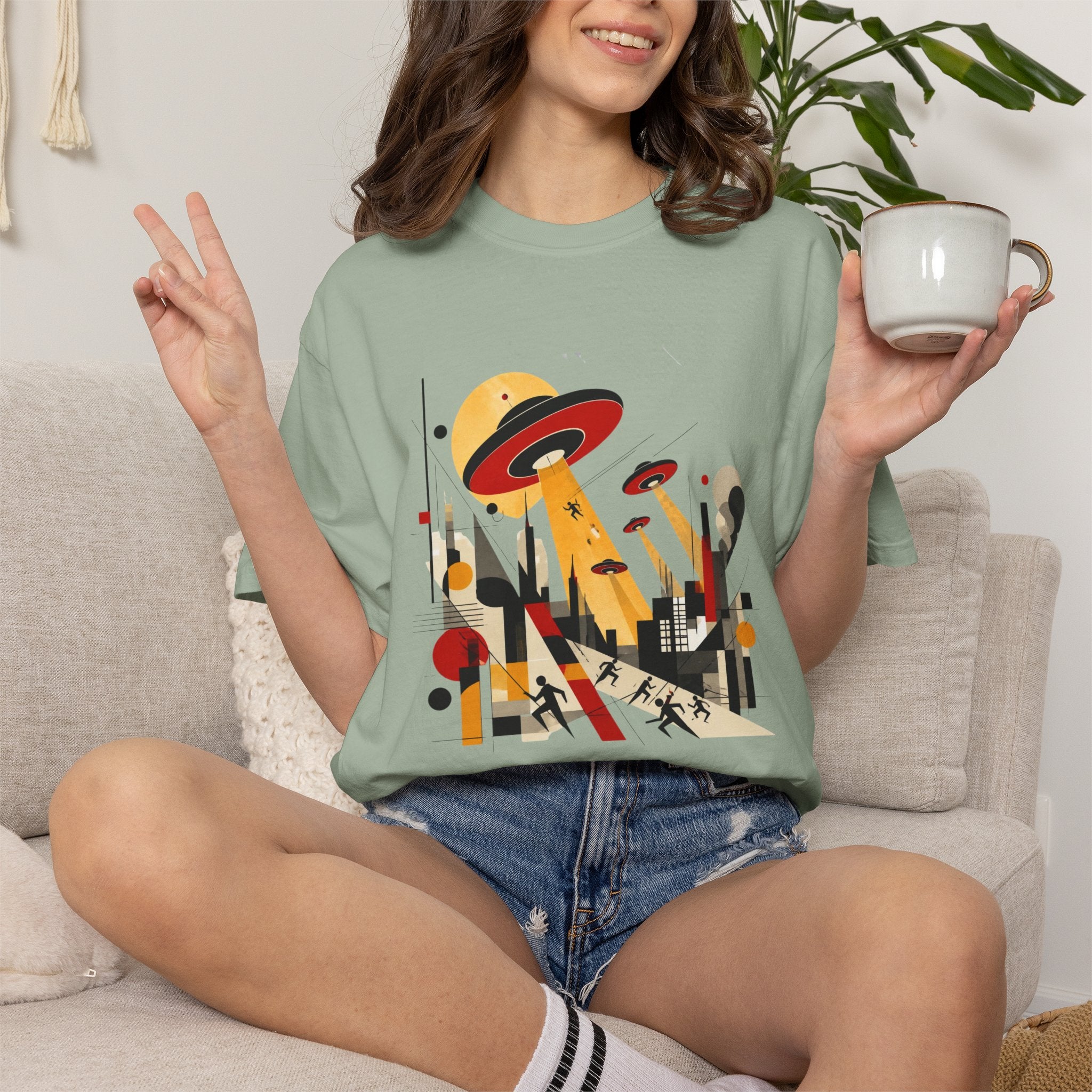 Alien Invasion Bauhaus Graphic T-Shirt — Retro Sci‑Fi Cityscape Design