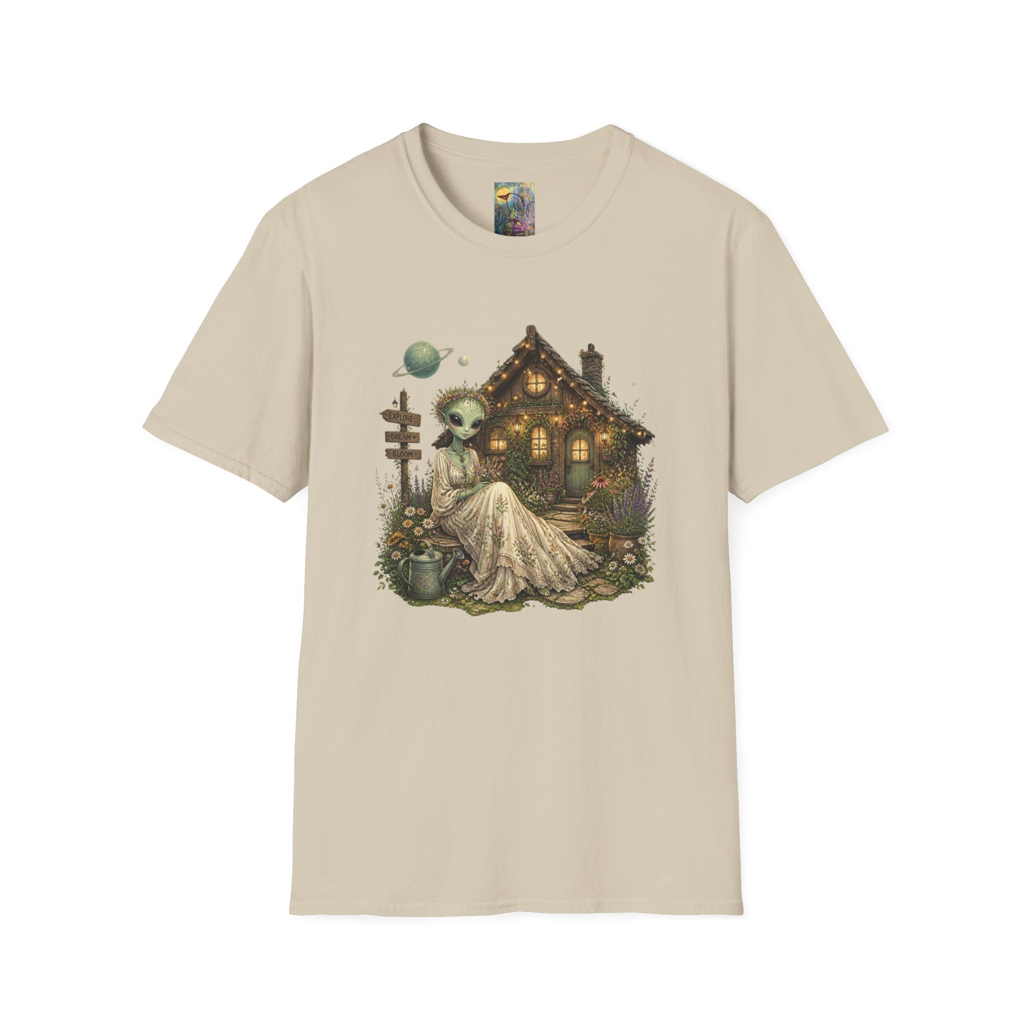 Alien Cottage T-Shirt — Whimsical Extraterrestrial Home Graphic