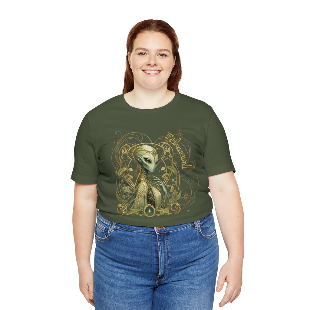 Alien Art Noveau Embrace T-Shirt — Mystical Green Alien Graphic Tee for Sci‑Fi Fans
