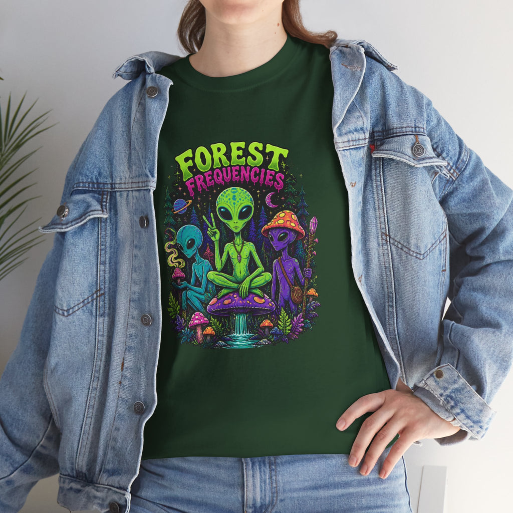 Forest Frequencies Alien T-Shirt — Psychedelic Mushroom Meditation Tee