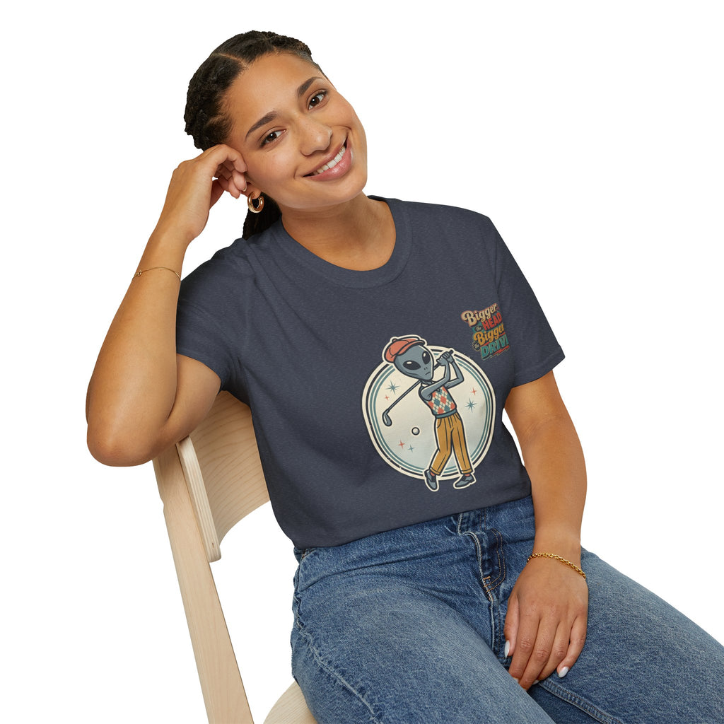 Alien Golfer T‑Shirt : The Bigger the Head, The Bigger the Drive"— Vintage Space Golf Graphic Tee