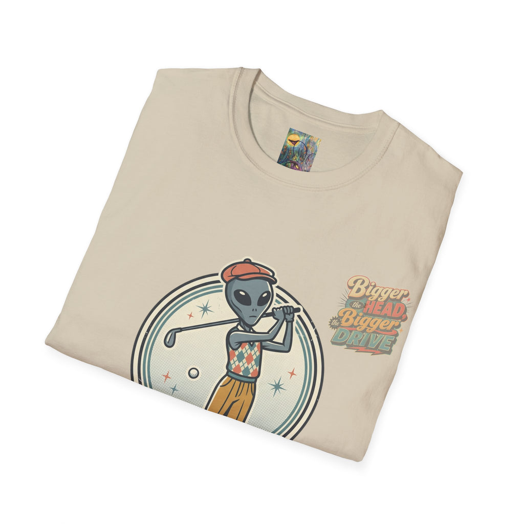 Alien Golfer T‑Shirt : The Bigger the Head, The Bigger the Drive"— Vintage Space Golf Graphic Tee