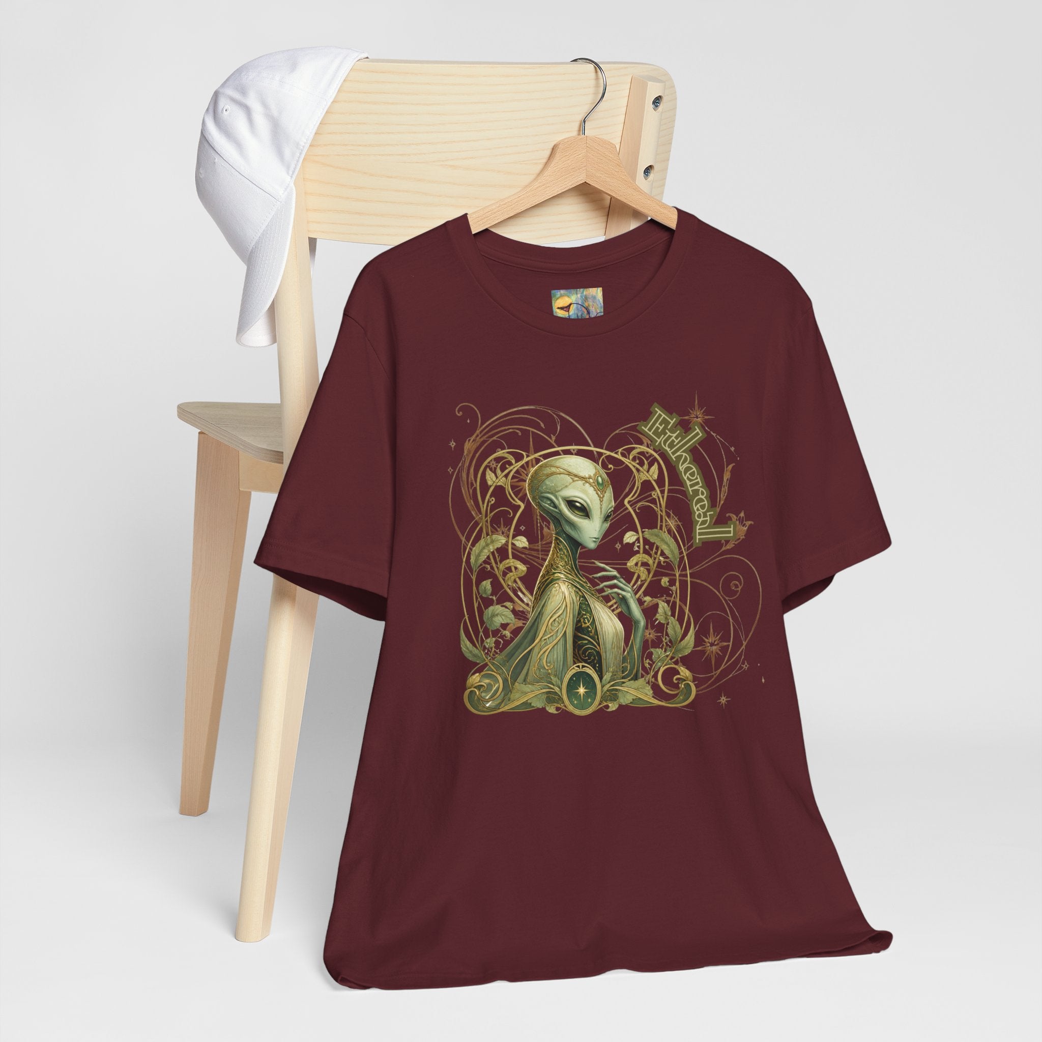 Alien Art Noveau Embrace T-Shirt — Mystical Green Alien Graphic Tee for Sci‑Fi Fans